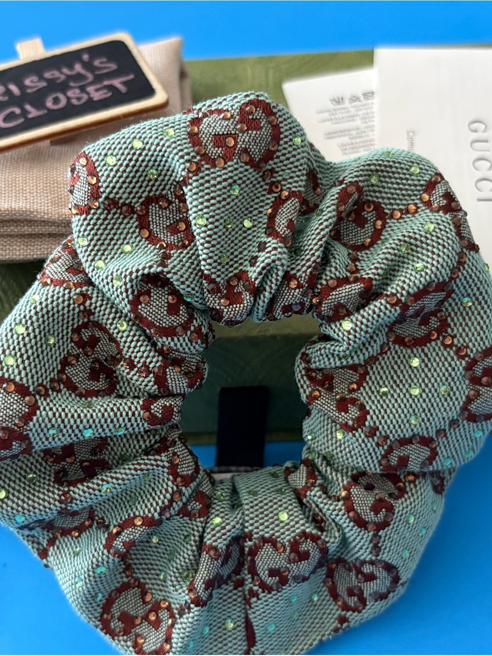 💯 Authentic Gucci Mint Green Scrunchie with Brown GG Pattern